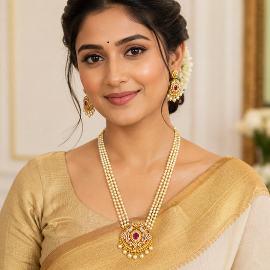Luminous Peacock Designer Pearls Long Set
