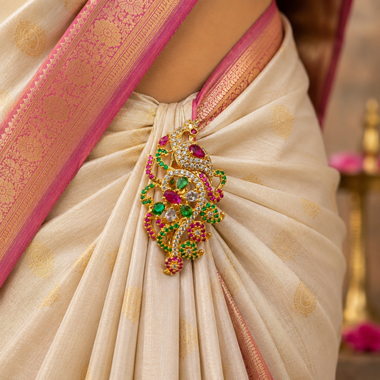 Blissful peacock Designer Sari Pin