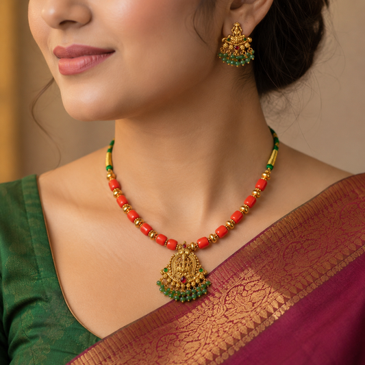Elegant Coral Temple Necklace Set