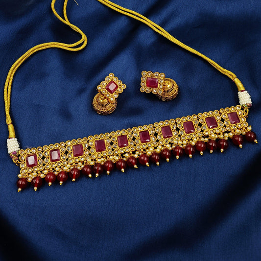 Maroon Colour Stone Studded Necklace Set