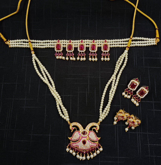 Peacock Tanmani with Chinchpeti Designer Pearls Combo Set
