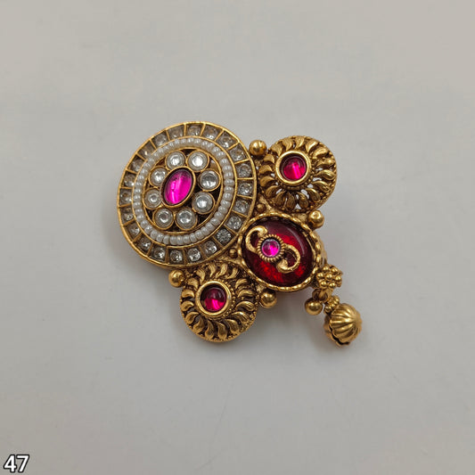Traditional Antique Gold-Plated Saree Pin with Pink Stones