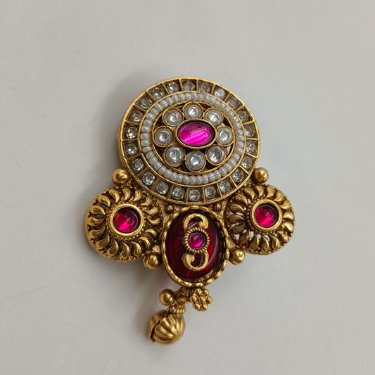 Traditional Antique Gold-Plated Saree Pin with Pink Stones