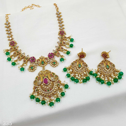 Glossy Peacock Designer Short Necklace Set