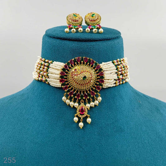 Glossy Peacock Designer Pearls Choker Set