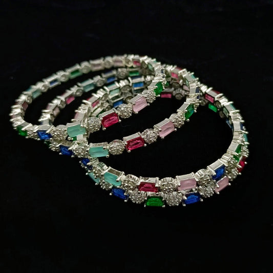 Colourful Designer Silver Finish Cz Bangles - Shree Radhe Pearls