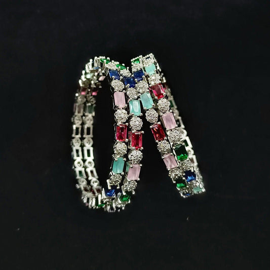 Colourful Designer Silver Finish Cz Bangles - Shree Radhe Pearls