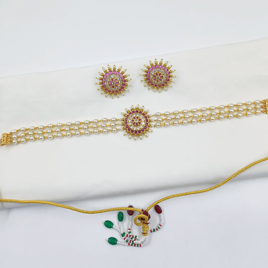 Broad Floret Designer Pearls Necklace