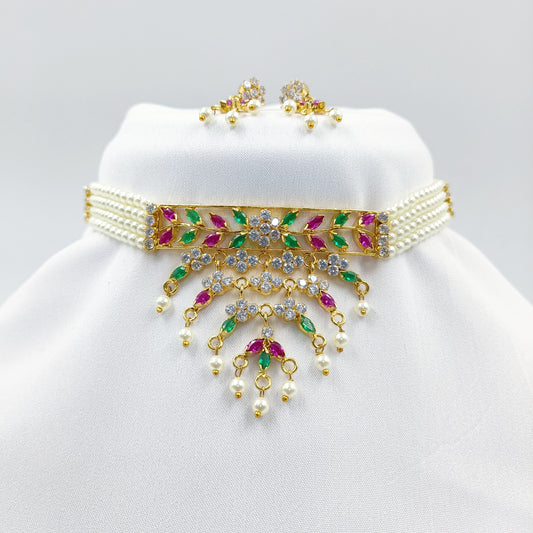 Multicolor Stone Studded V Shaped Pearls Choker Set