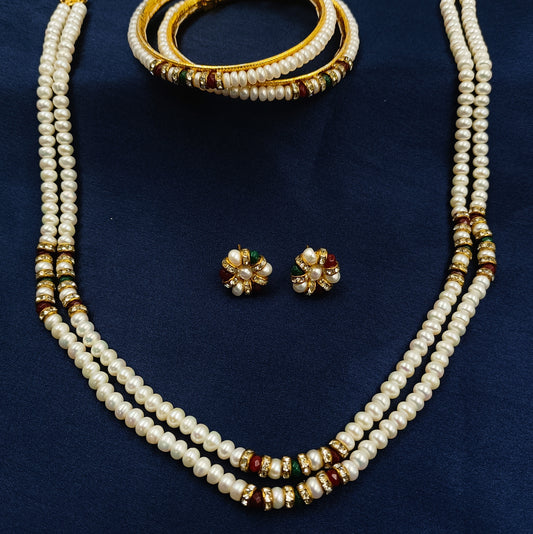 Maroon & Green Colour Beads Studded Necklace & Bangles Set