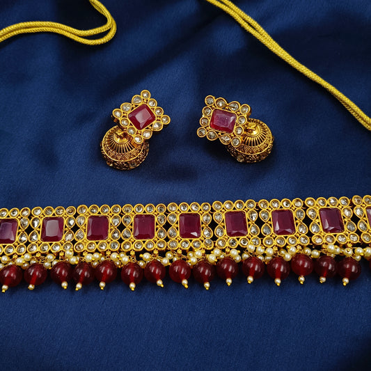 Maroon Color Stone Studded Necklace Set