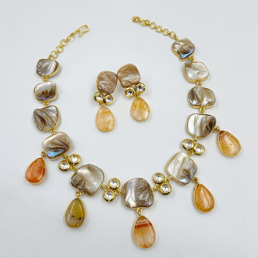 Orange Color Stone Studded Mother Of Pearls Set