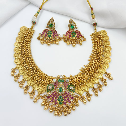 Lord Lakshmi Coin Designer Golden Beads Necklace Set