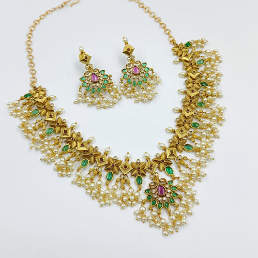 Floret Designer Green Stone Studded Short Necklace Set