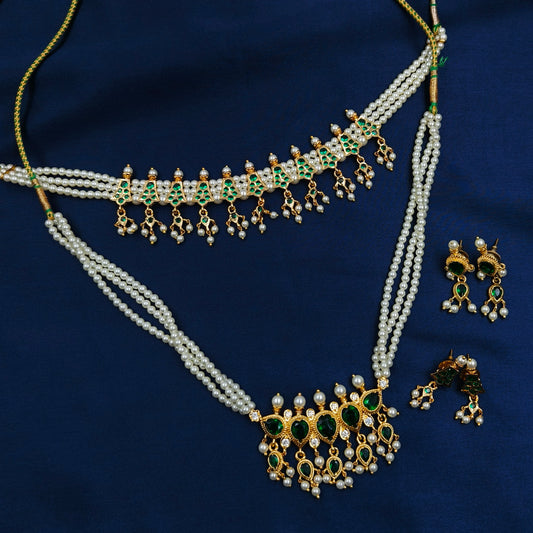 Traditional Green Color Pearls Combo Set