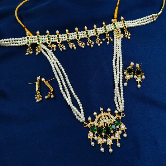 typical Maharastrian Green Stone Studded Pearls Combo Set