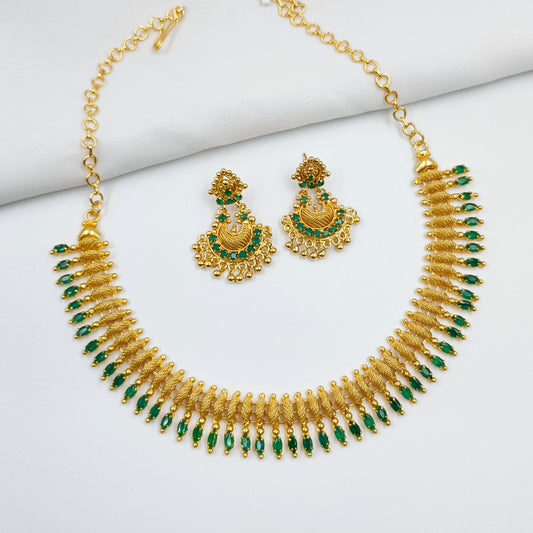 Precious Green Color Onex Stone Studded Short Necklace Set
