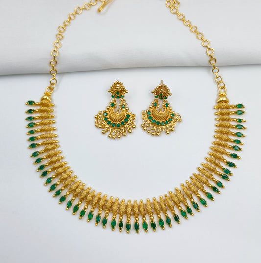 Precious Green Color Onex Stone Studded Short Necklace Set
