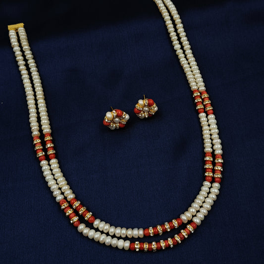 Trendy Pearls & Coral Designer Double Line Set