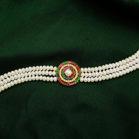 Precious Multicolour Stone Studded Fresh Water Pearls Choker Set