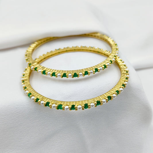 Precious Pearls & Green Onex Stone Studded Delicate Bangles