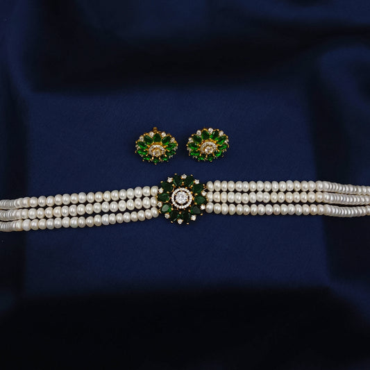 Leaf Green Floret Designer Fresh Water Real Pearls Choker Set