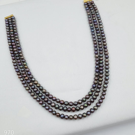 Luminous Grey Color Real Pearls 3 Layer Mala