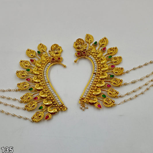 Traditional Peacock Ear Cuffs with Attached Pearl Chains