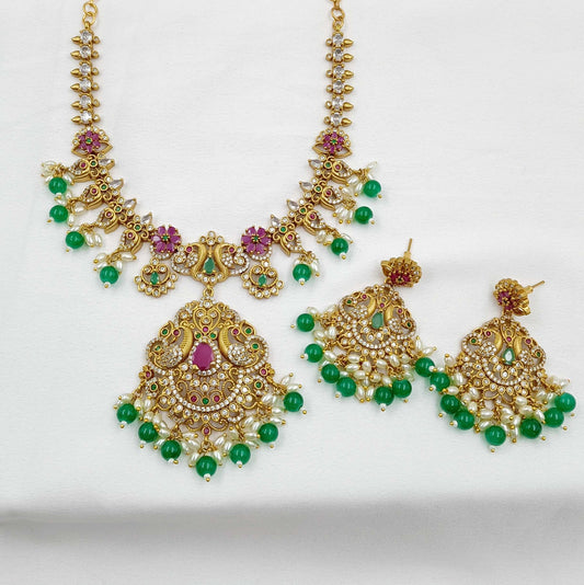 Glossy Peacock Designer Short Necklace Set