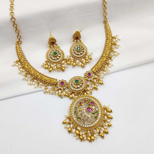 Gleaming Flower Designer Rajwadi Finish Necklace