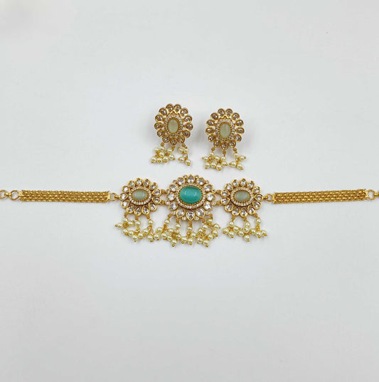 Mint Color Stone Studded Choker Set