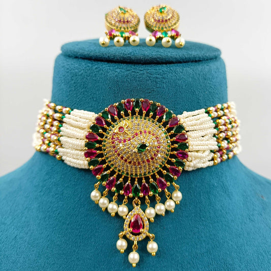 Glossy Peacock Designer Pearls Choker Set