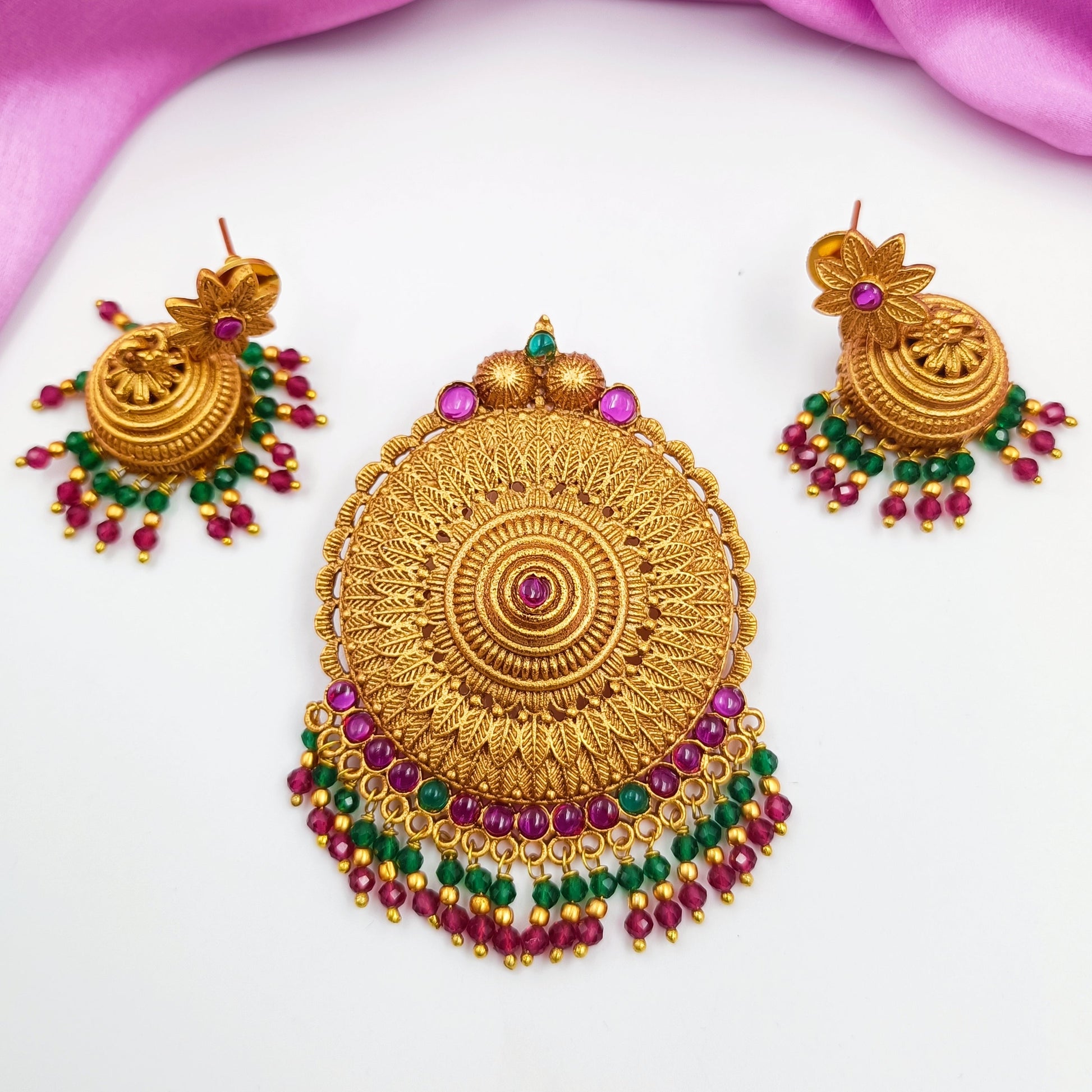 Amazing Designer Temple Pendant Set Shree Radhe Pearls