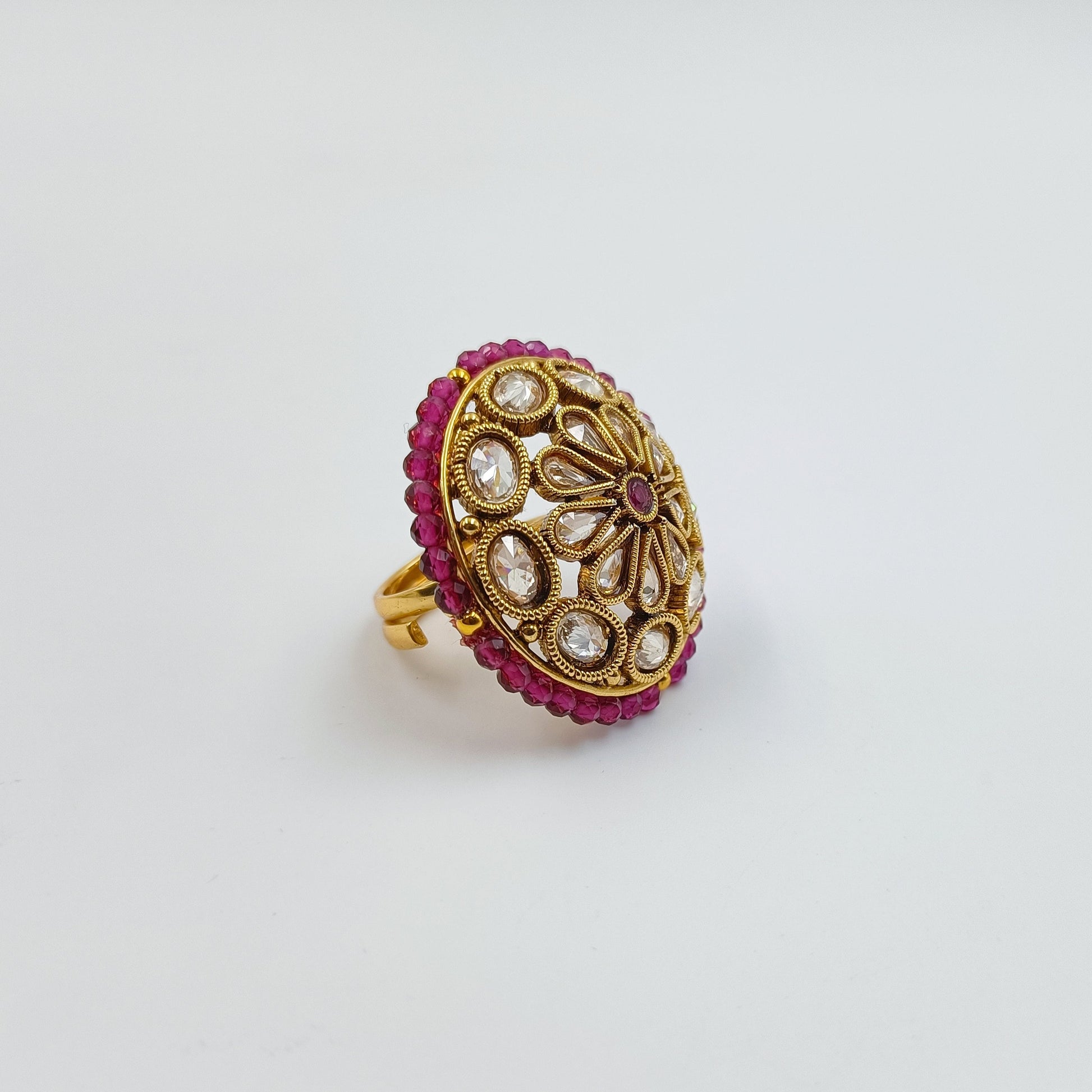 Antique Gold Brode Polki Stone Finger Ring Shree Radhe Pearls