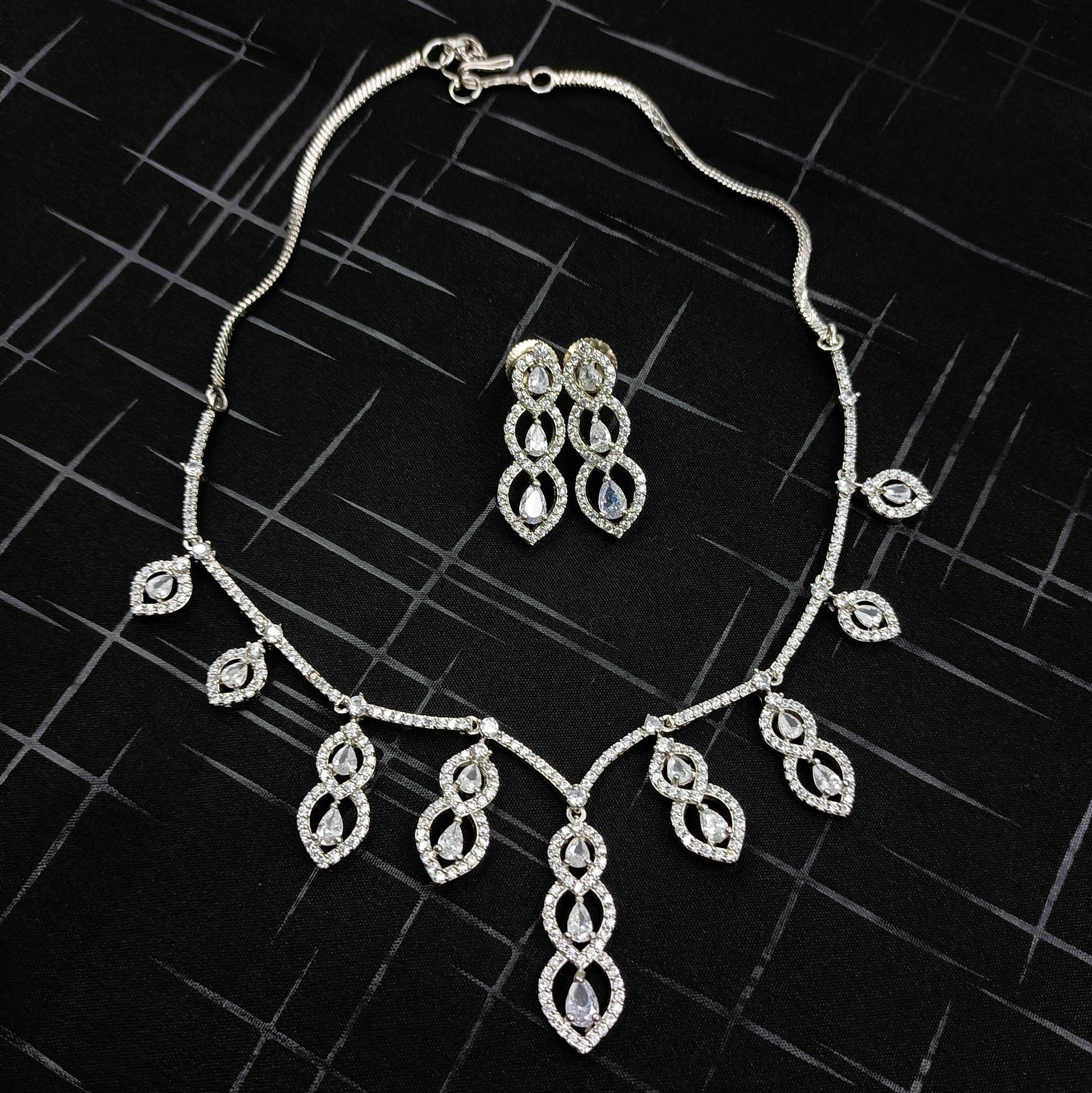 CZ Silver Plated Drop Gems Sparkling Elegance Necklace Set Shree Radhe Pearls