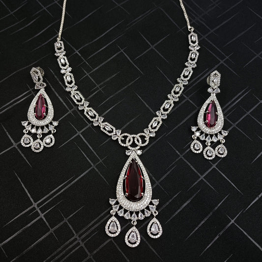 Cz Elegance Red Teardrop Silver Plated Necklace Set Shree Radhe Pearls