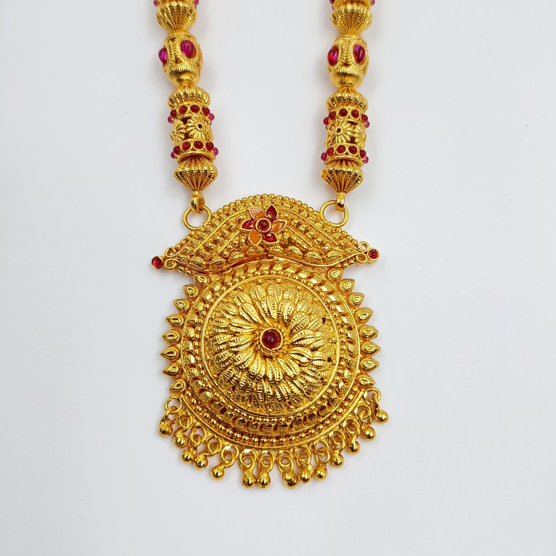 Geru Finish 4 Line Chain & Black Beads Damru Pattern Mangalsutra Shree Radhe Pearls