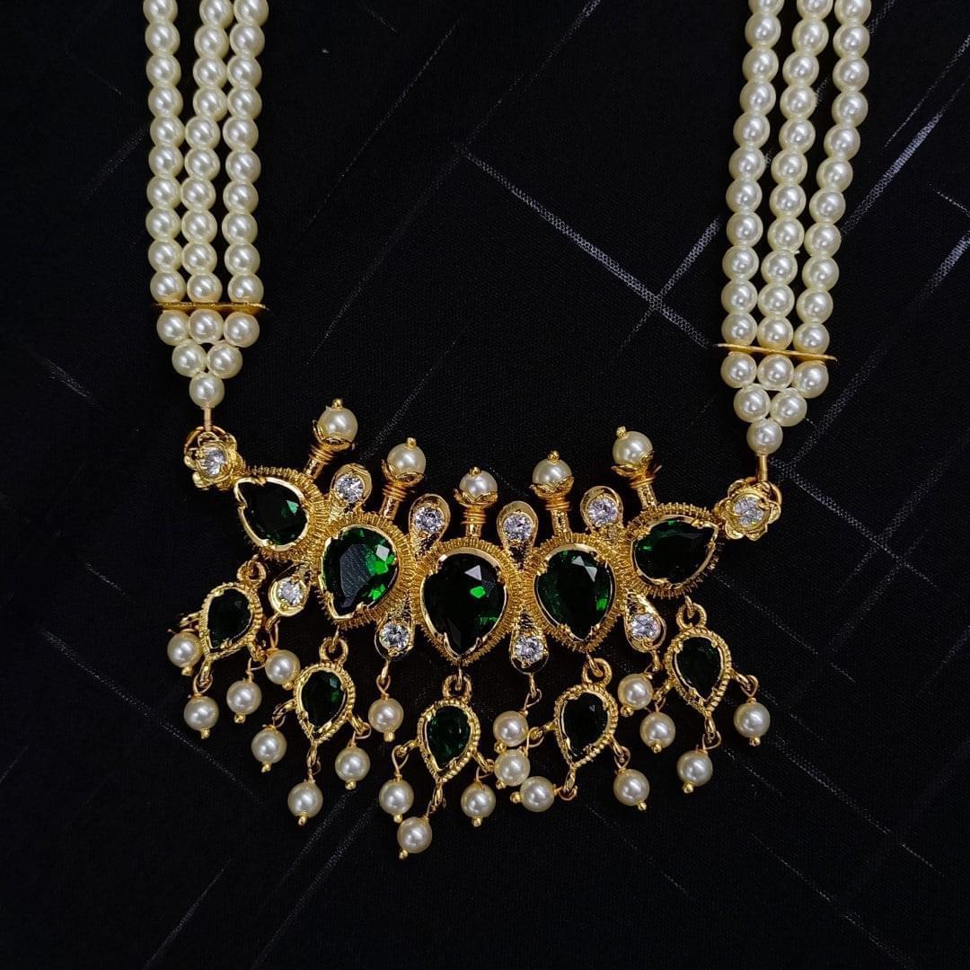 Green Stone with Shiny Pearls Traditional Adjustable Thread Tanmani Shree Radhe Pearls