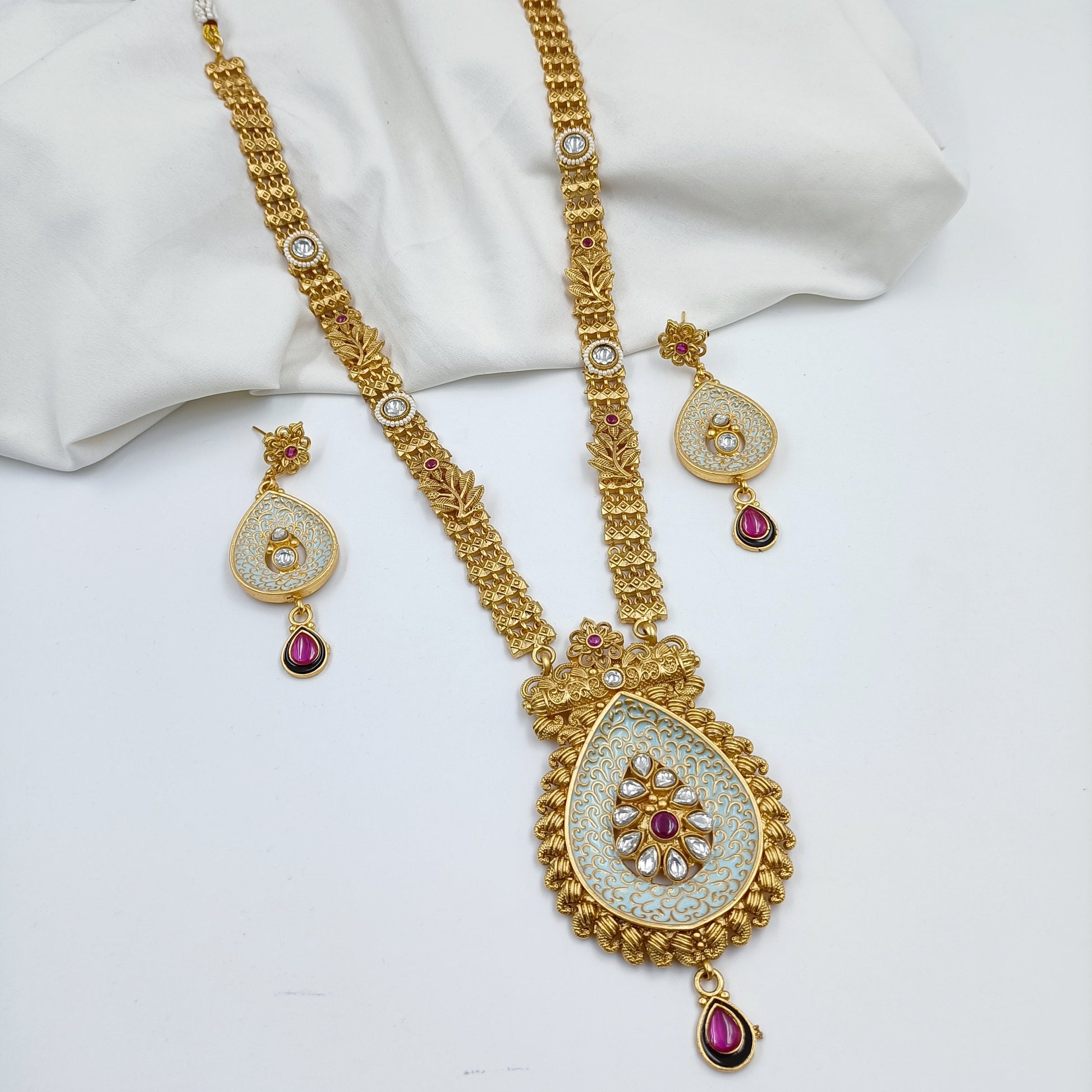 Long Rajwadi Stone & Mina Work Studded Necklace Set Shree Radhe Pearls