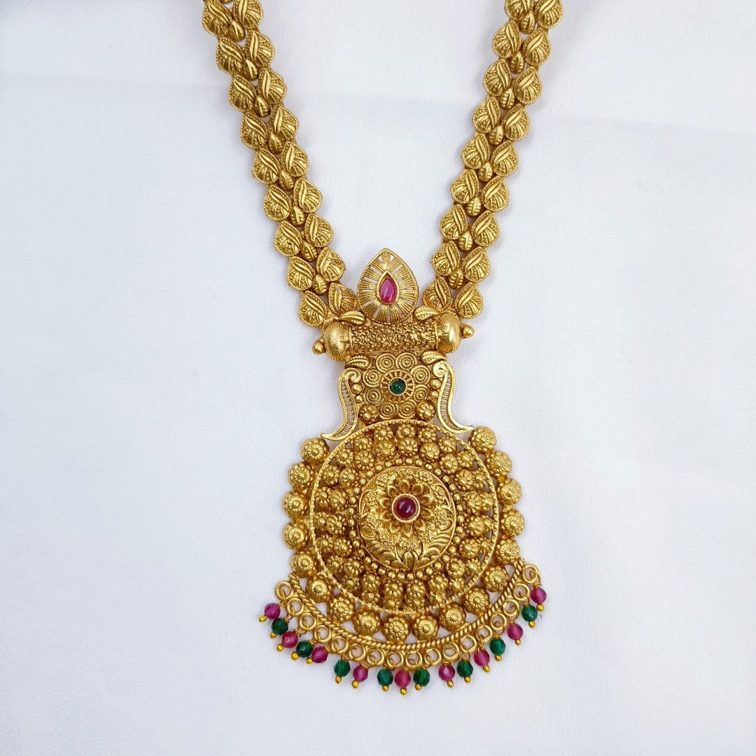 Long Temple Necklace Set Round  Shape Pendant Shree Radhe Pearls