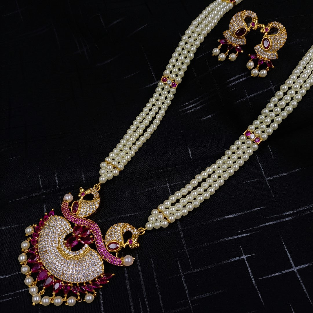 Peacock Pendant 3 Line Ranihaar Set Shree Radhe Pearls