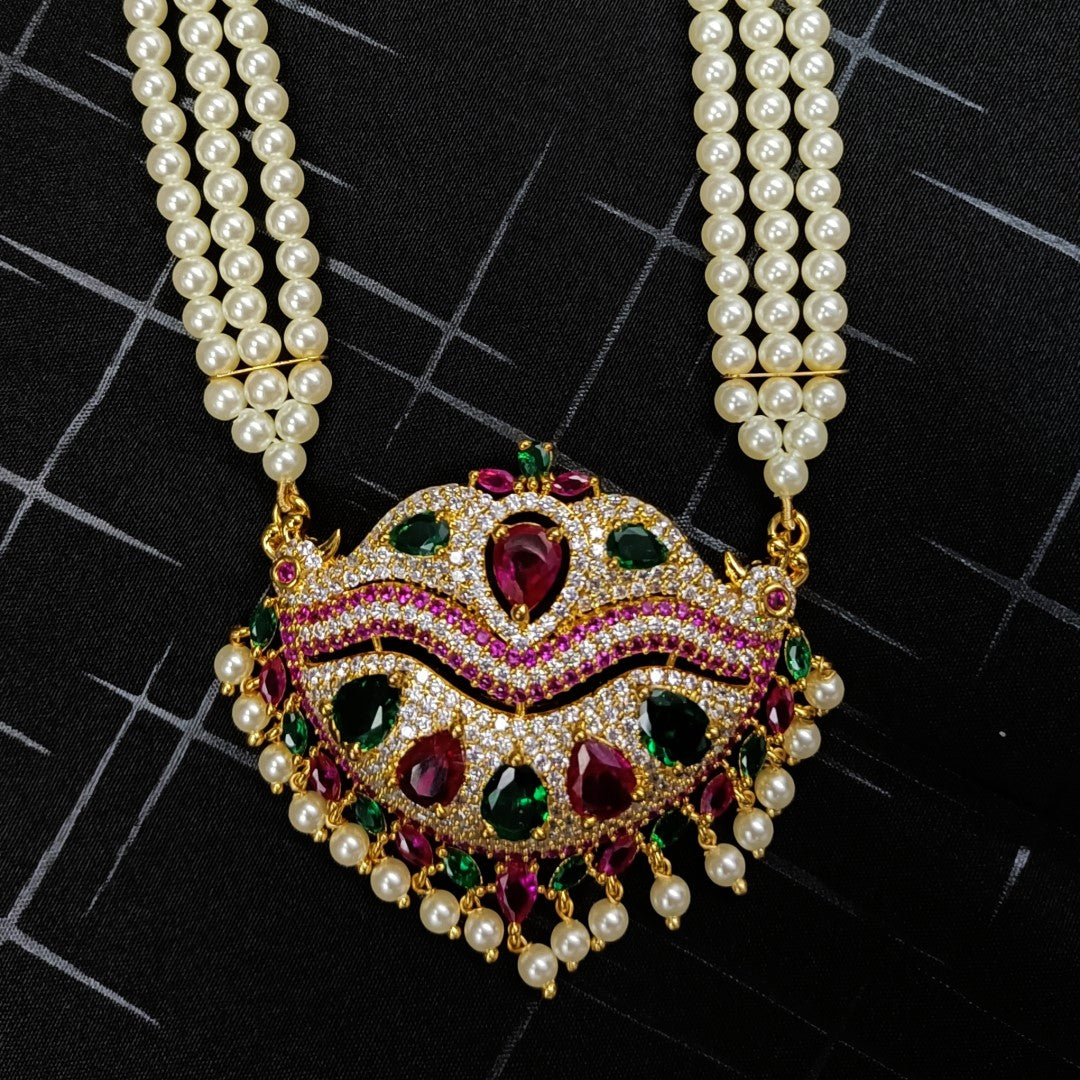 Pink Green white stone Pendant Long Ranihaar Set With Earrings Shree Radhe Pearls