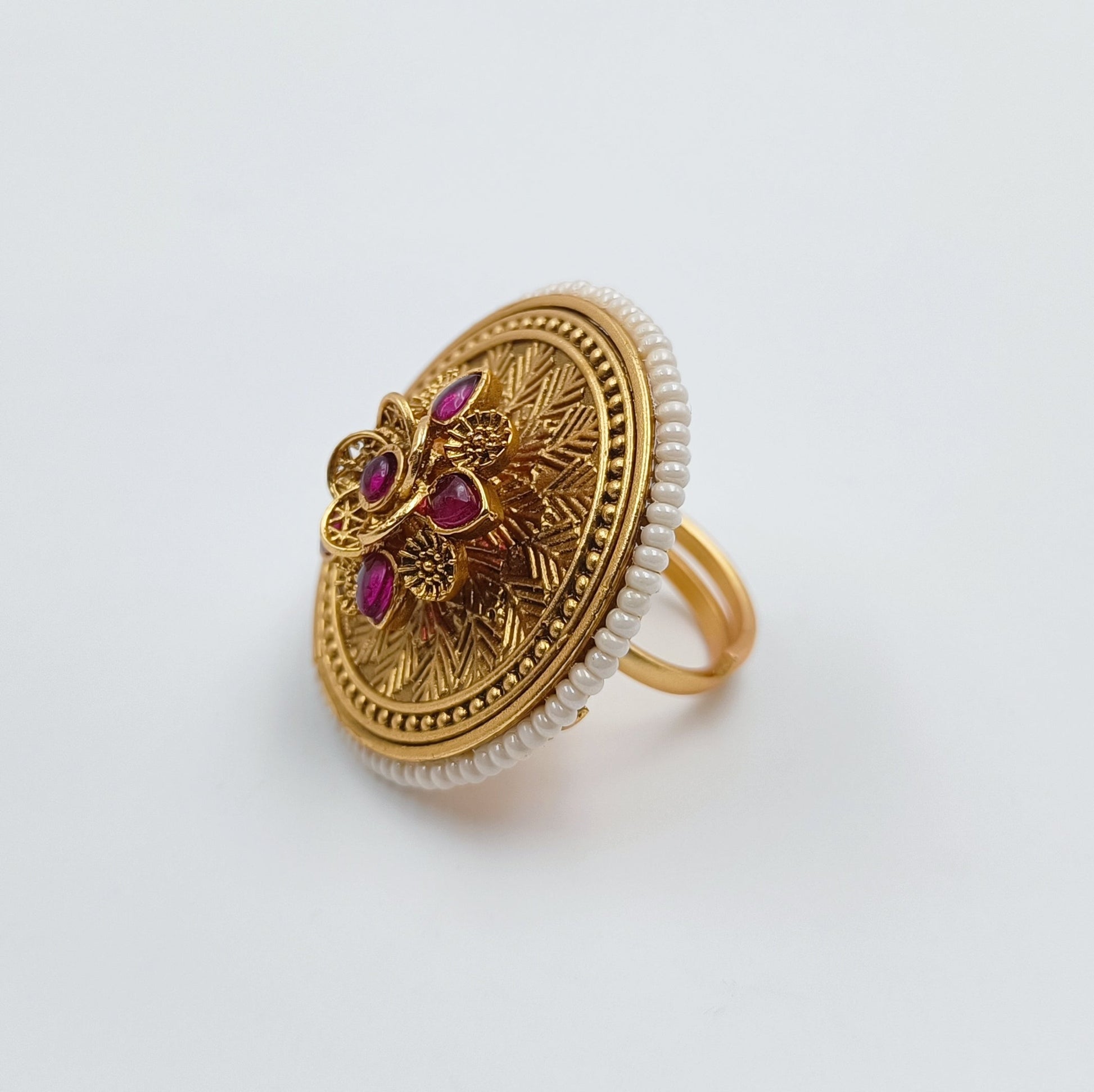 Temple Finish Flower Design Broad Finger Ring Shree Radhe Pearls