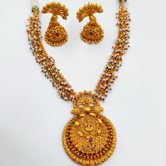 Temple Matt Finish Peacock Designer Necklace Set Shree Radhe Pearls