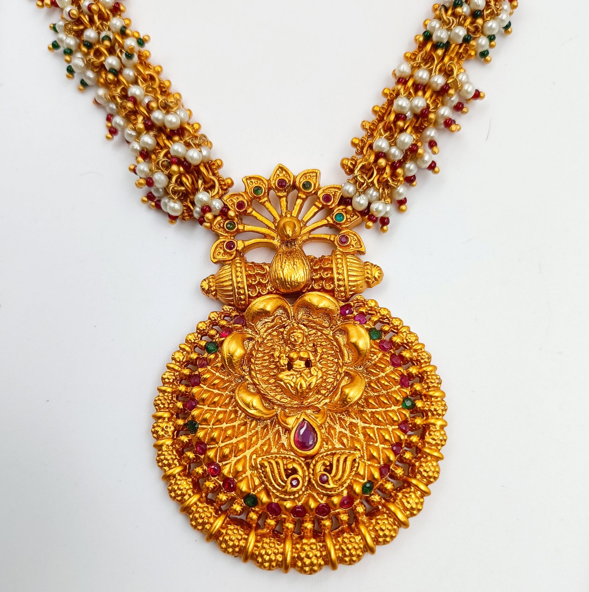 Temple Matt Finish Peacock Designer Necklace Set Shree Radhe Pearls