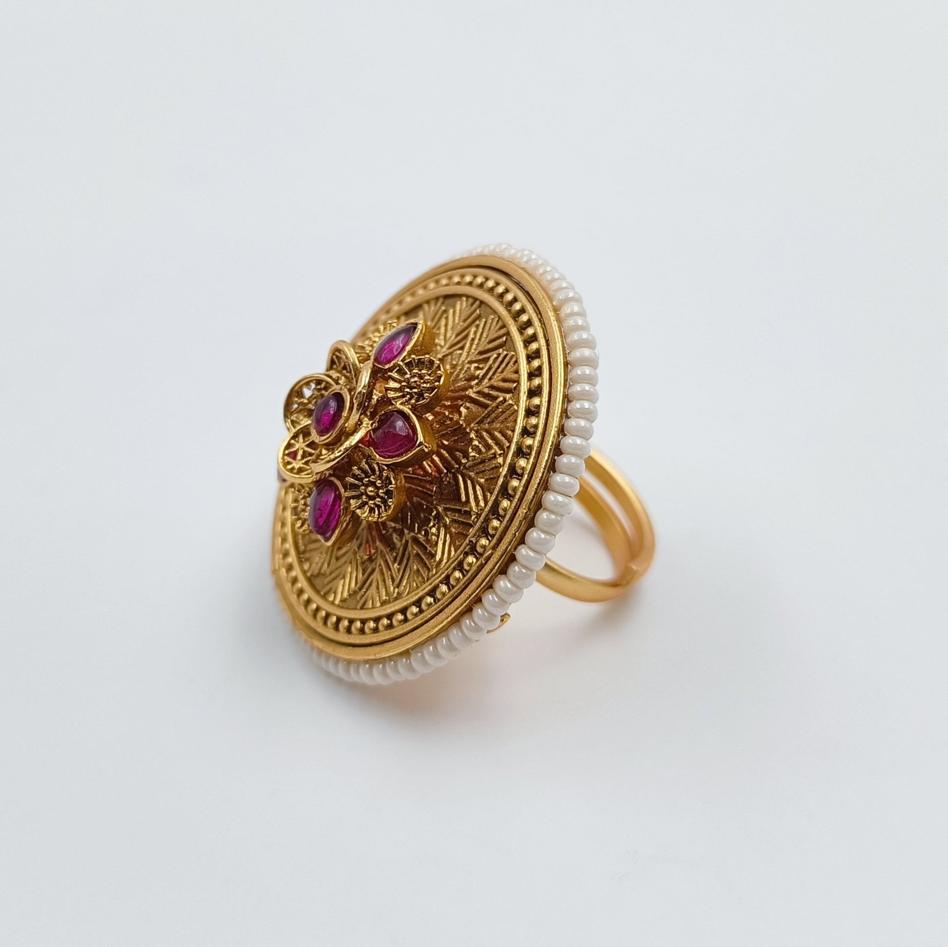 Temple Finish Flower Design Broad Finger Ring - Shree Radhe Pearls