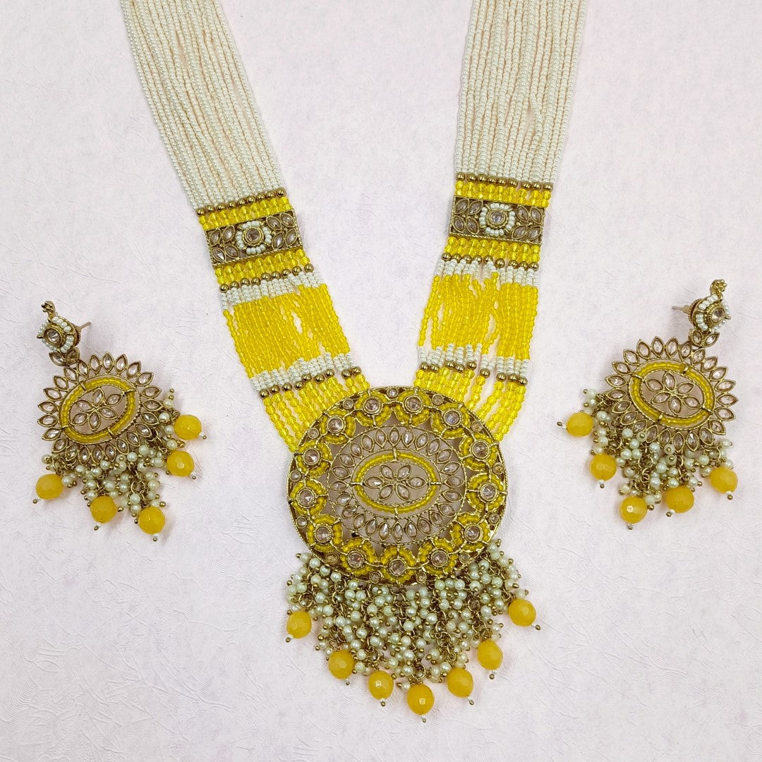 Yellow Crystal & Chida Pearl Mixed Bridal Long Set Shree Radhe Pearls