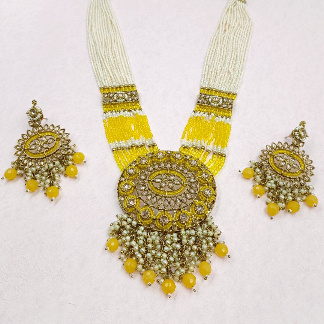 Yellow Crystal & Chida Pearl Mixed Bridal Long Set Shree Radhe Pearls