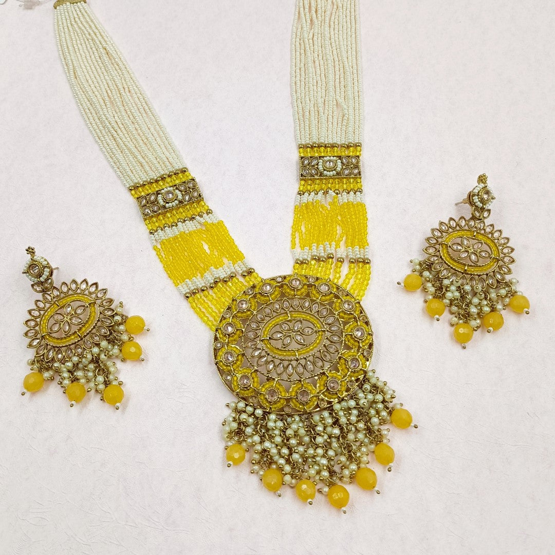 Yellow Crystal & Chida Pearl Mixed Bridal Long Set Shree Radhe Pearls