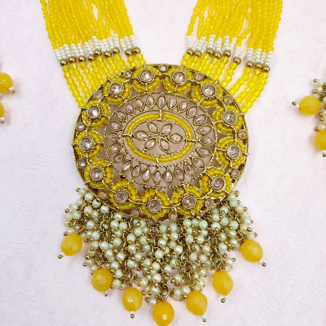 Yellow Crystal & Chida Pearl Mixed Bridal  Long Set Shree Radhe Pearls